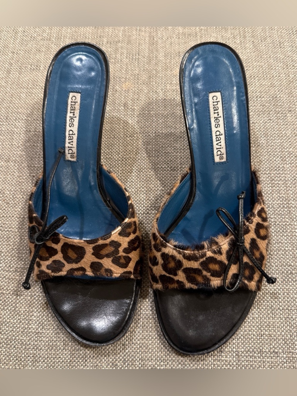 Charles David Leopard Print Haircalf Slide Mules with Blue Insole
